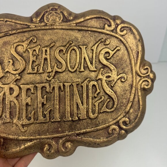 Vtg 95 Seasons Greetings Christmas Holiday Lightweight Foam Sign Gold Color Deco - Picture 10 of 11
